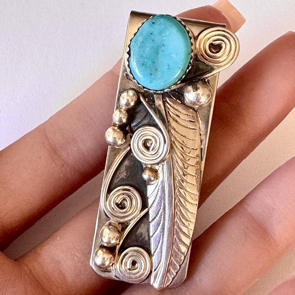 Navajo Natural Turquoise Money Clip Silver 2in Mens Gift Handmade Sally Arviso